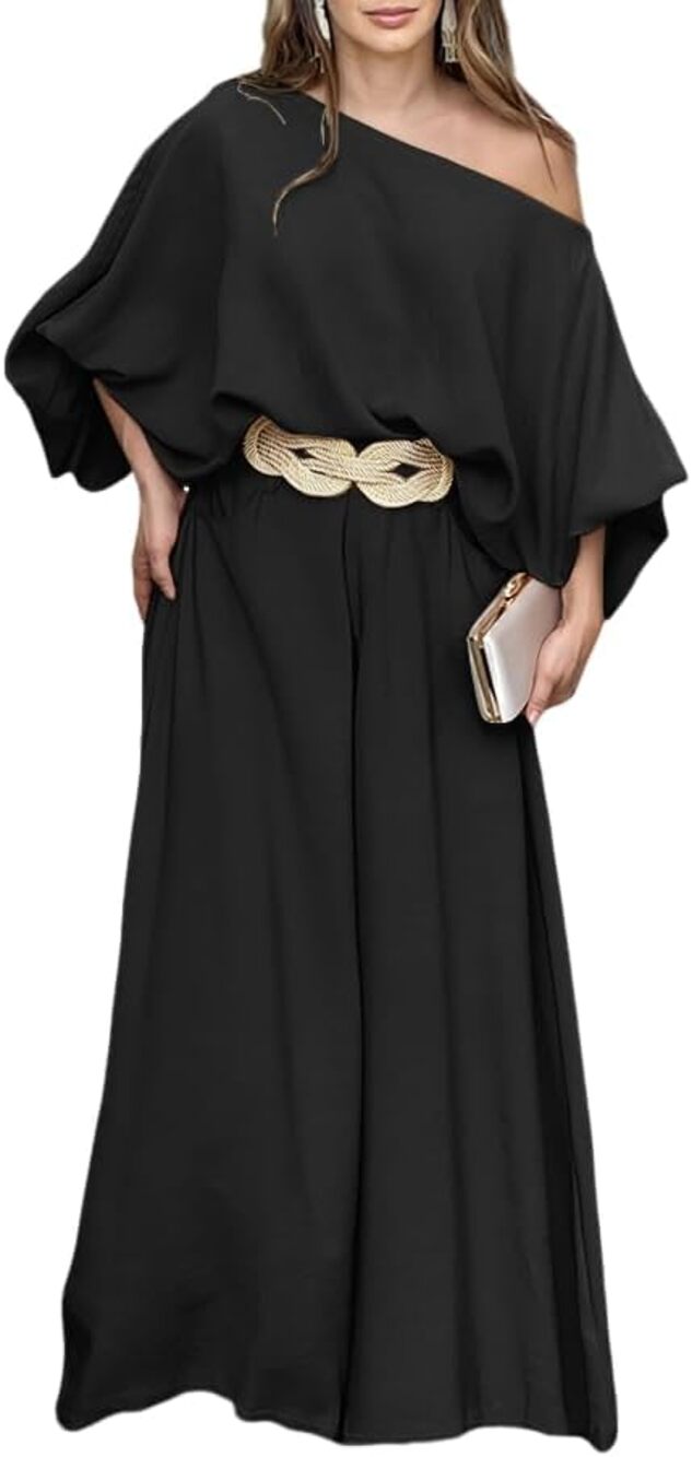 CHICME Women 2 Piece Outfit Off Shoulder Flowy Wide Leg Pants Set, Black, XXL - Picture 1 of 6